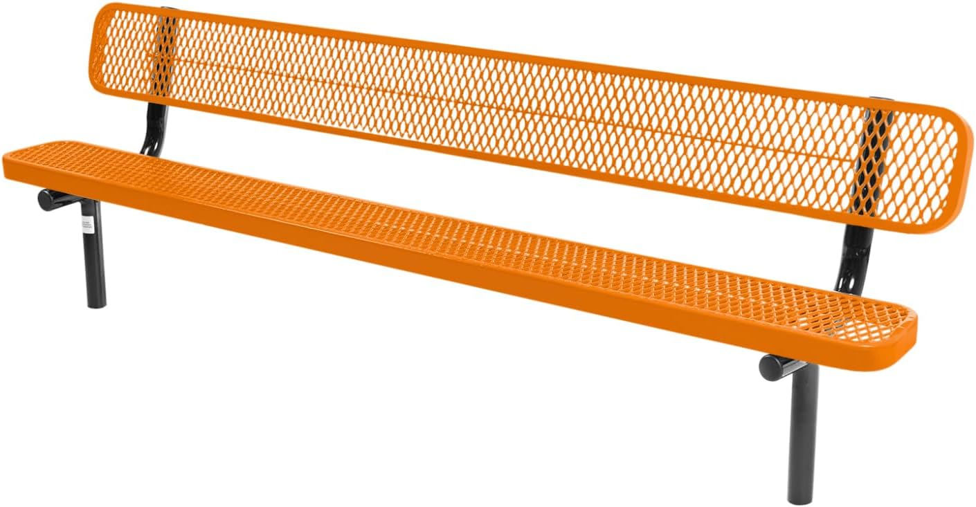 Coated Outdoor Furniture Heavy-Duty Outdoor Bench Thermoplastic Coated, Expanded Metal, Commercial-Grade Seating, Made in America (Inground with Back, 8 Ft, Orange)