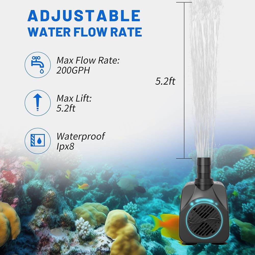 200GPH Submersible Water Pump(750L/H,16W),Ultra Quiet Fountain Pump with 5.2ft. High Lift,Pond Pump for Fish Tank, Pond, Aquarium, Statuary, Hydroponics.