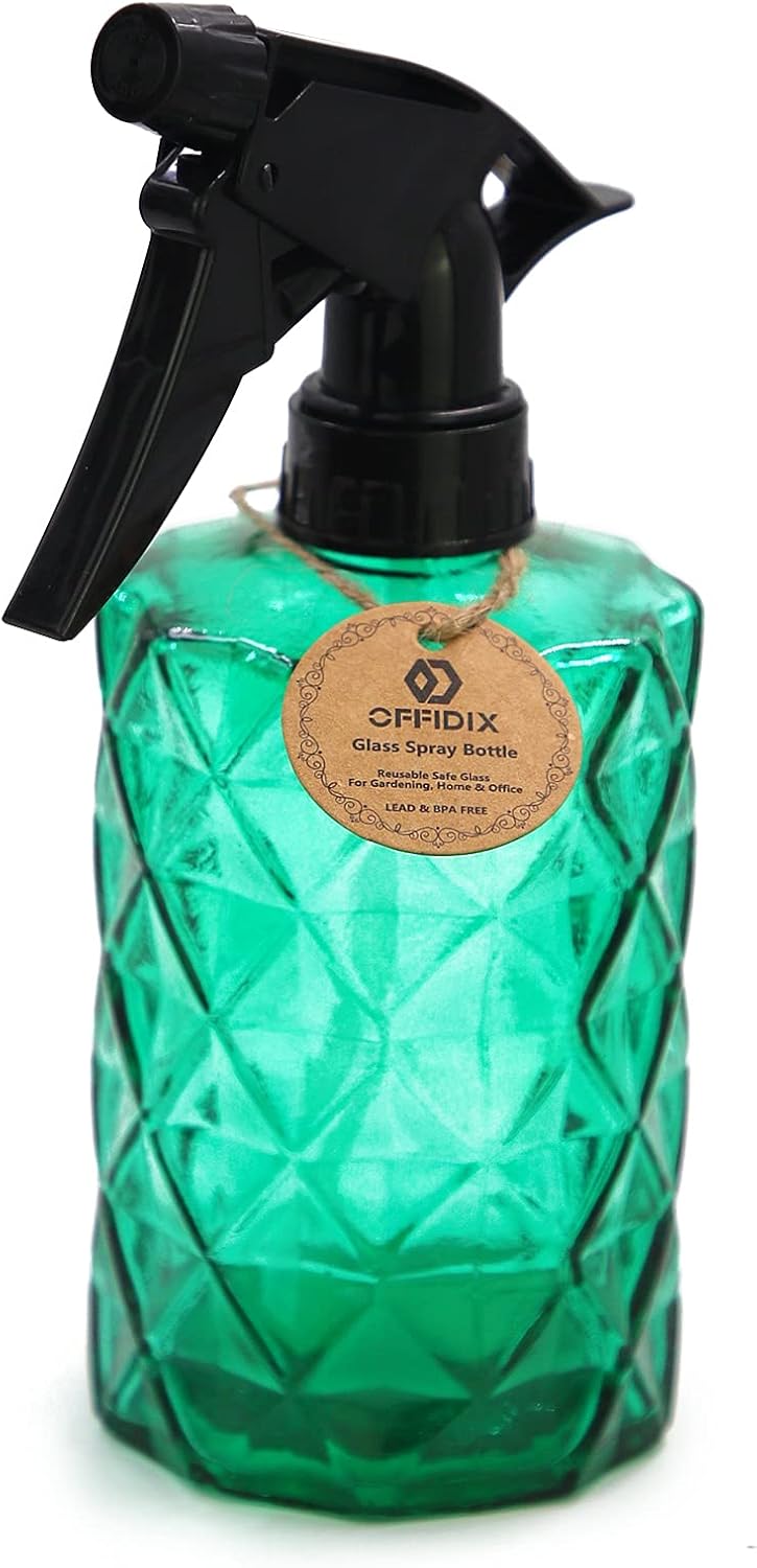 OFFIDIX Fine Mist Plant Mister, Handheld Pressure Glass Spray Bottles, 0.35L/11.8oz Watering Can with Adjustable Nozzle for Outdoor Indoor Gardening and Cleaning Work (Green)