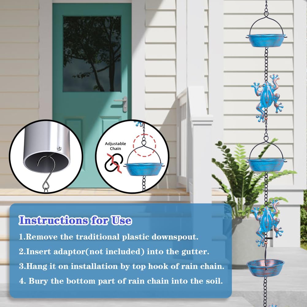 Rain Chain, 11.4FT Frog Rain Chains with 12 Cups, Functional and Decorative Replacement Downspout Rain Chains for Outside