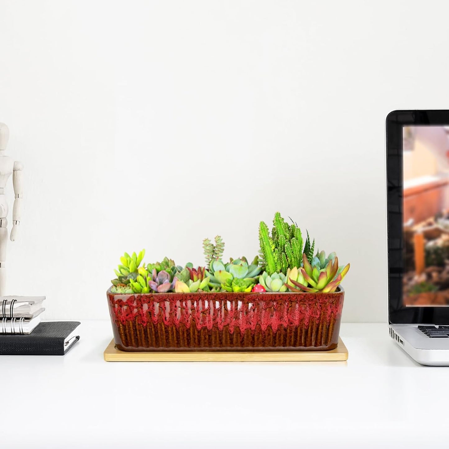 Succulent Pots - 12 Inch Large Succulent Planters with Drainage Tray, Window Sill Planter, Long Rectangle Ceramic Pots for Indoor Cactus Plants Shallow Bonsai Window Box for Home Garden Decor