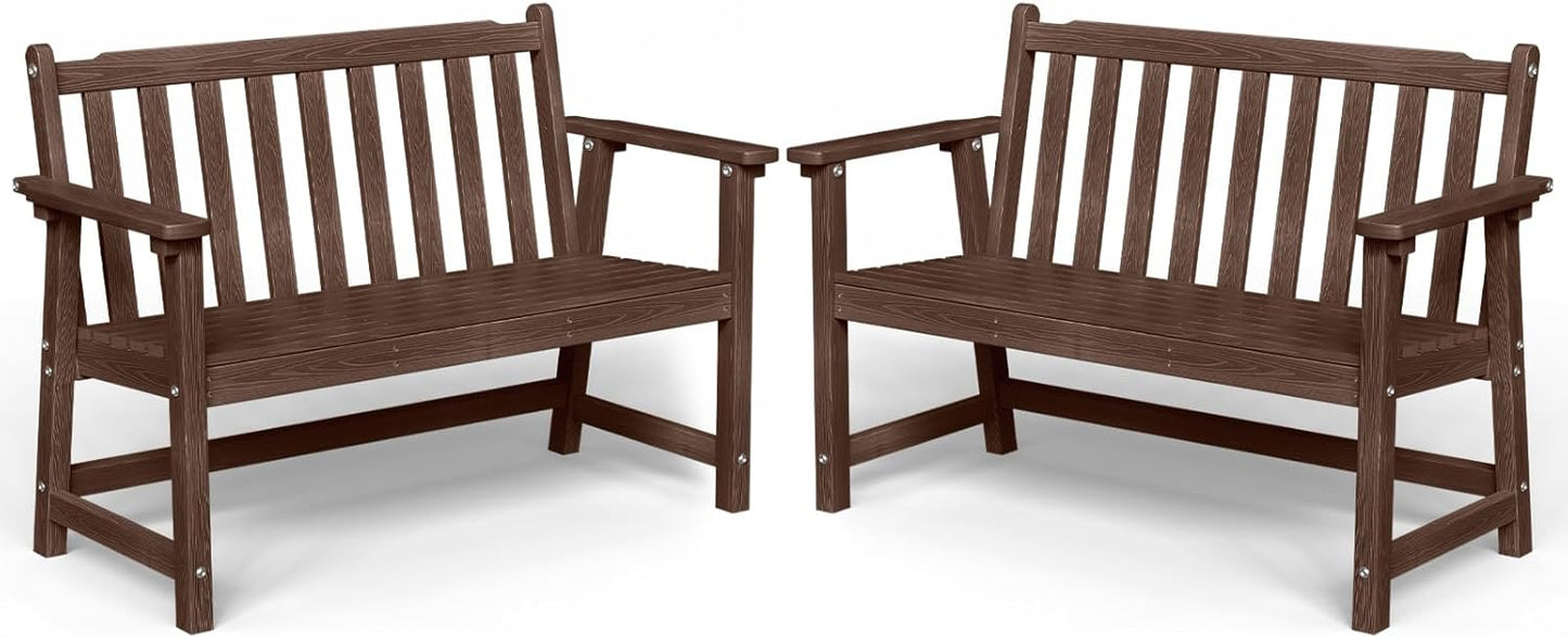 Outdoor Bench, 2-Person HDPE Garden Bench, All Weather Poly Patio Bench for Outdoors, Garden, Backyard, Porch and Park, 550 lbs Weight Capacity, Brown, 2 Pack