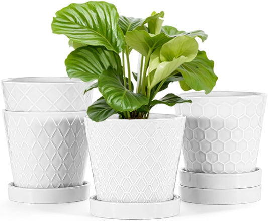 EFISPSS Flower Planter –5 inch Ceramic Plant Pots with Drainage Holes and Ceramic Tray - Gardening Home Desktop Office Windowsill Decoration Gift Set of 4 - Plants NOT Included (White)