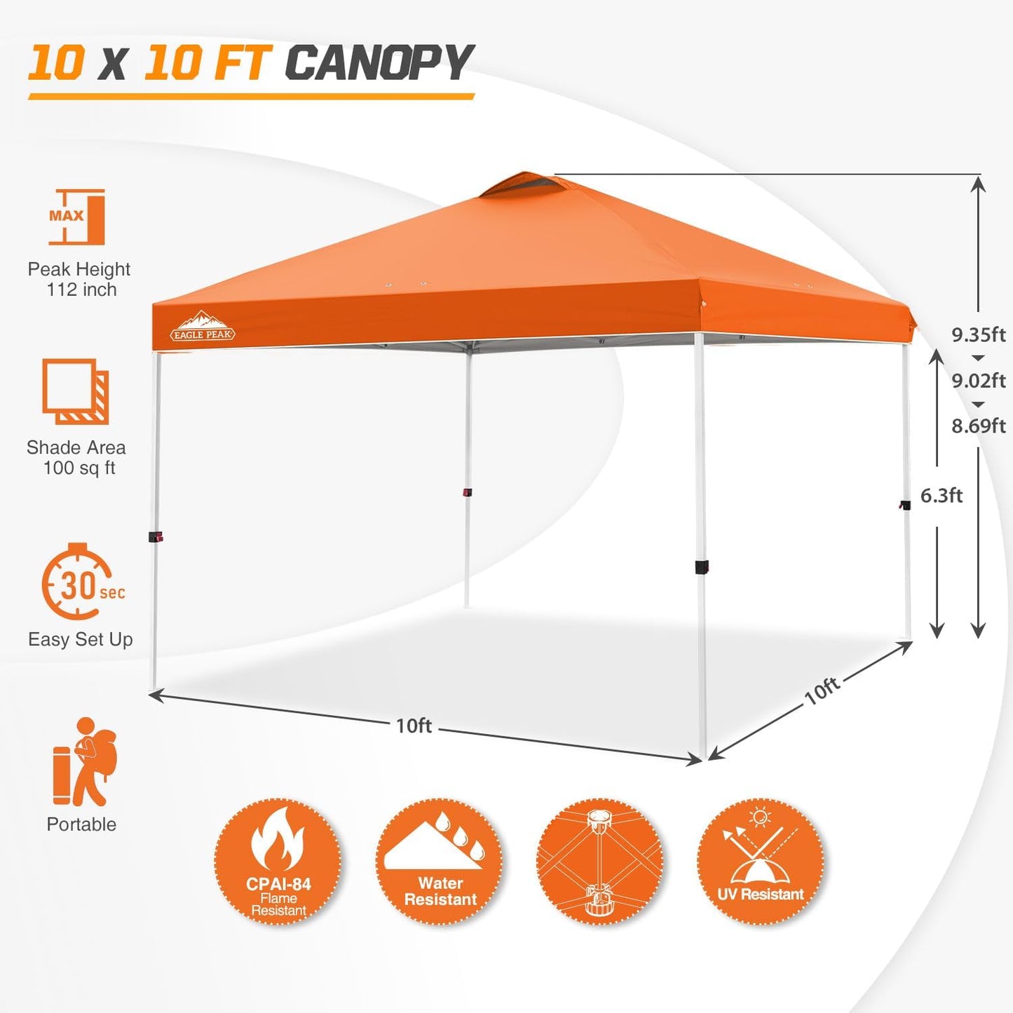 EAGLE PEAK Pop Up Canopy Tent with Wheeled Carry Bag, 8 Stakes, 4 Ropes, 4 Weight Bags, Easy Set Up Tent Canopy, 10x10 ft, 100sqft of Shade, Orange