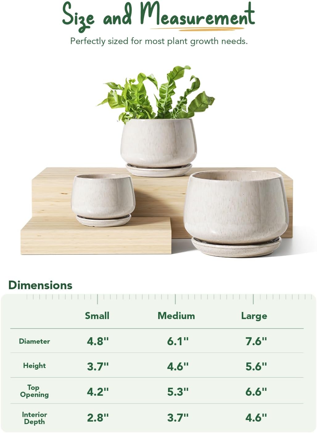 LE TAUCI Plant Pots, 4.1+5.1+6.5 inch, Set of 3, Ceramic Planters with Drainage Hole and Saucer, Indoor Flower Pot with Hole Mesh Pad, Gifts for Mom, Reactive Glaze Beige