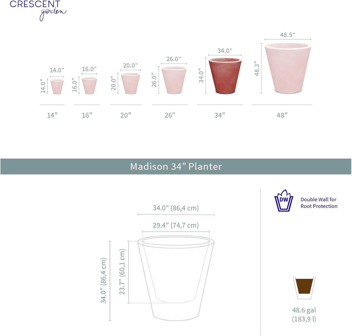 Crescent Garden Madison Planter– Weather-Resistant, Double Walled Indoor/Outdoor Plant Pot with Drain Hole – Extra Large Commercial Size Pot, 34" W (Bark)