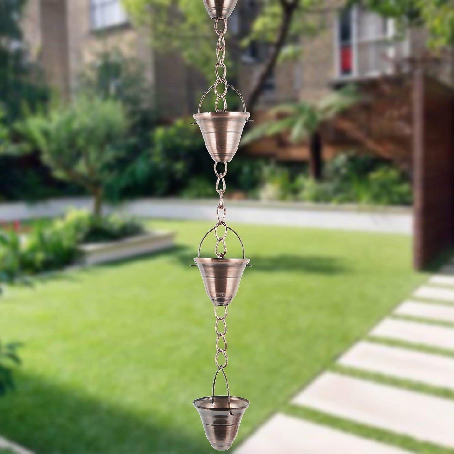 DUSVALLY Rain Chain, 8FT Bell Metal Rain Chain, Functional and Decorative Replacement for Gutter Downspouts, Divert Water and Home Display, Adjustable, Antique Gold