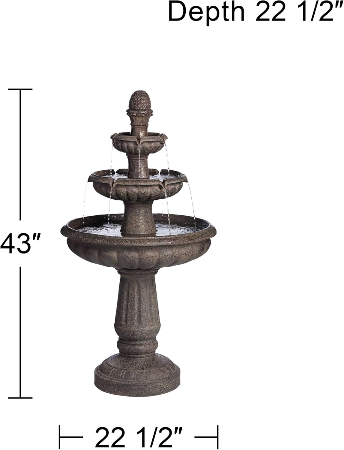 Rendaux 43" High Large Italian Outdoor Decor Gray Faux Stone Floor Fountain with Light LED Waterfall 3-Tier Standing Basin Water Feature for Outside Garden Patio Yard Backyard Porch - John Timberland