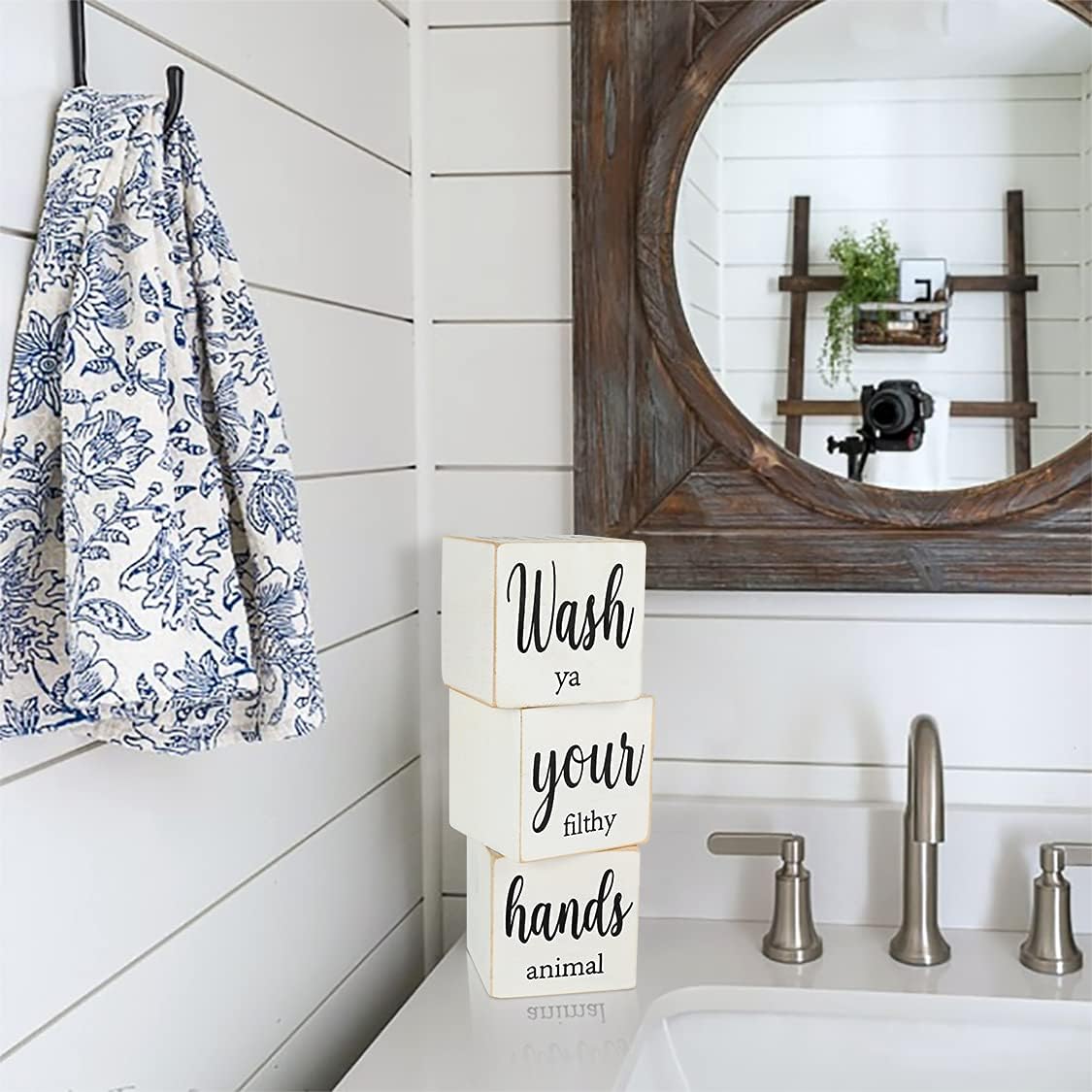 Funny Farmhouse Bathroom Decor and Accessories for Shelf, 4-Sided Wooden Blocks - Nice Butt&Get Naked&Hello Sweet Cheeks&Wash Your Hands Sign, Modern Rustic Restroom Decorations, White 2.8"