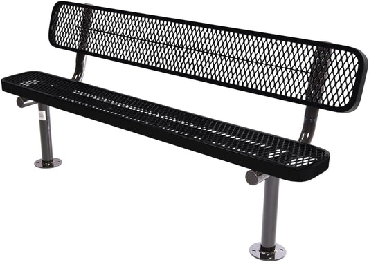 Coated Outdoor Furniture Heavy-Duty Outdoor Bench Thermoplastic Coated, Expanded Metal, Commercial-Grade Seating, Made in America (Surface with Back, 6 Ft, Black)