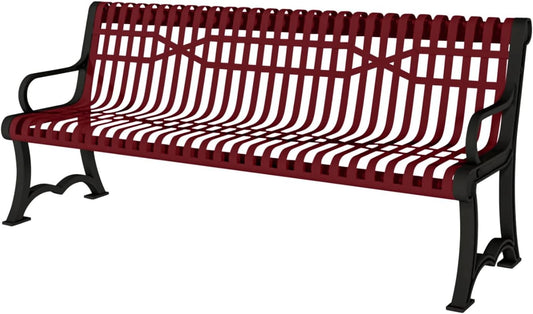 Coated Outdoor Furniture Heavy-Duty Outdoor Bench Thermoplastic Coated, Slatted Steel, Commercial-Grade Garden Bench, Made in America (Portable with Back, 4 Ft, Burgundy)