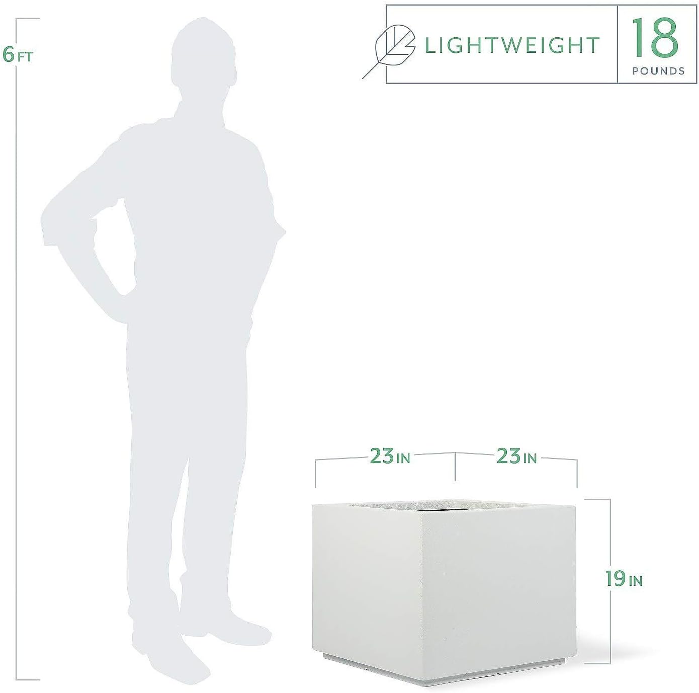 PolyStone Monterray Modern Outdoor/Indoor Square Planter, 23" L x 23" W x 19" H, Lightweight, Heavy Duty, Weather Resistant, Polymer Finish, Commercial Grade and Residential (White)