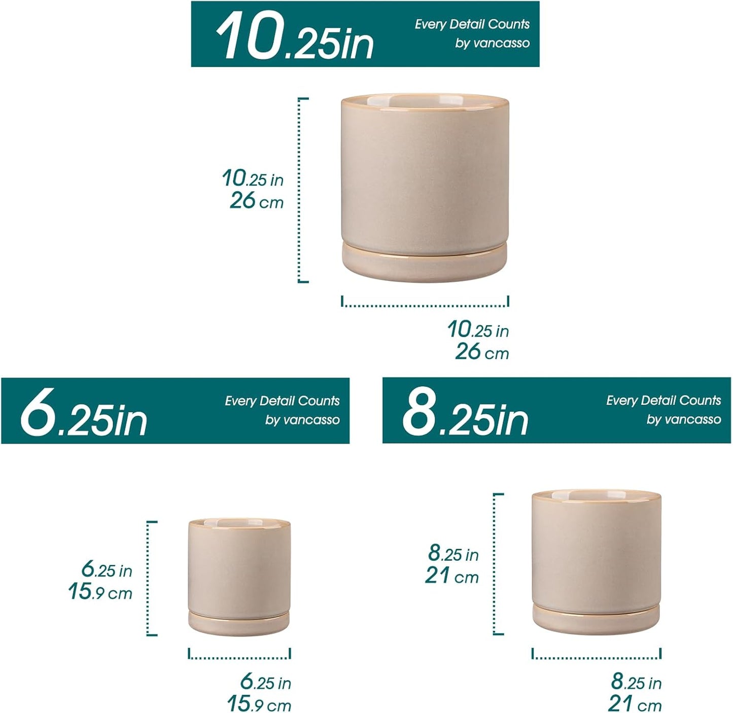 vancasso Ceramic Planters, Plant Pots for Indoor Plants, 6.25+8.25+10.25 Inch Ceramic Pots for Plants, Flower Pots with Drainage Holes (Gray, 6.25+8.25+10.25 Inch)