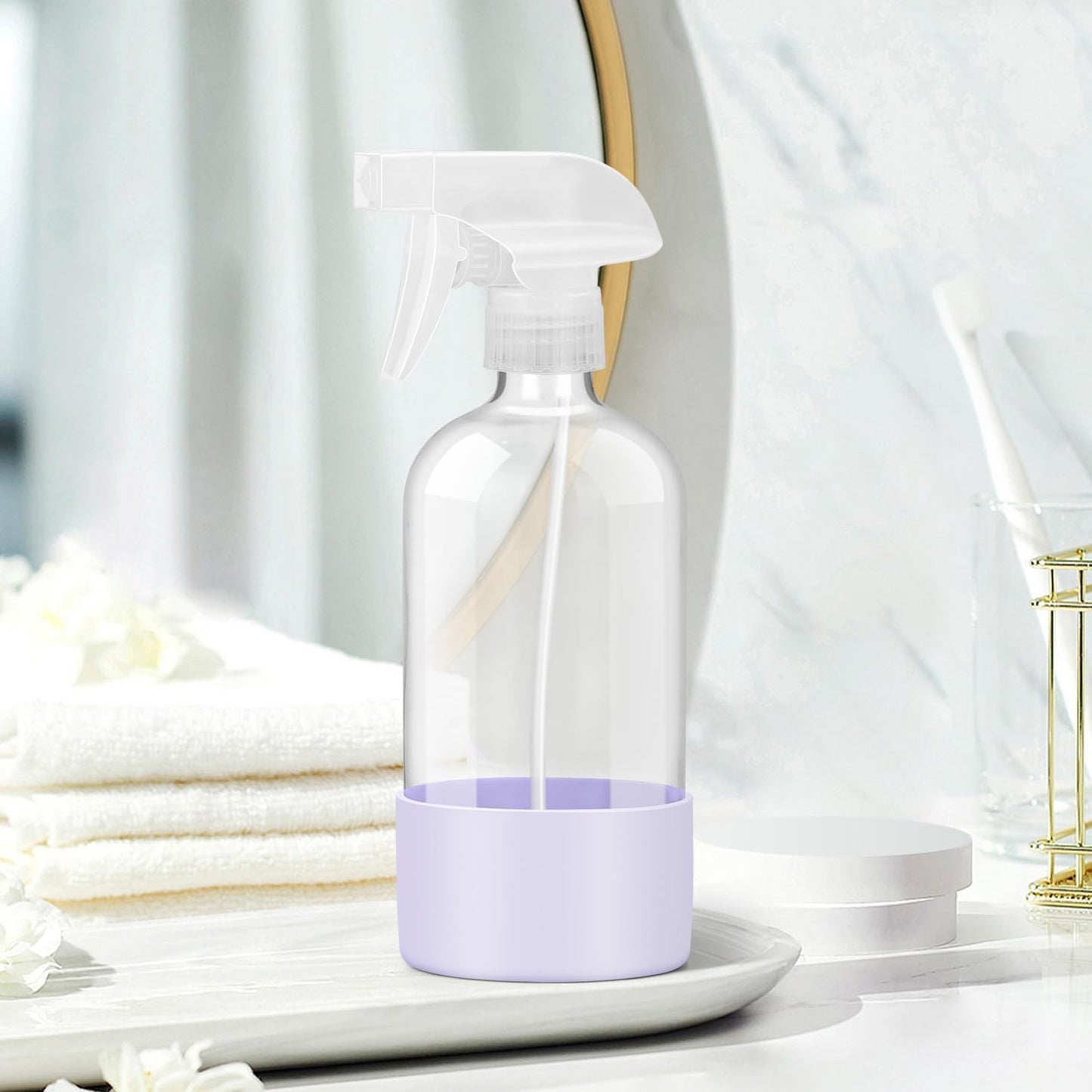 Glass Spray Bottles with Silicone Sleeve Protection, Empty 16 oz Refillable Containers, Reusable Spray Bottles with Adjustable Nozzle for Hair, Cleaning Solutions, 3 Pack Purple