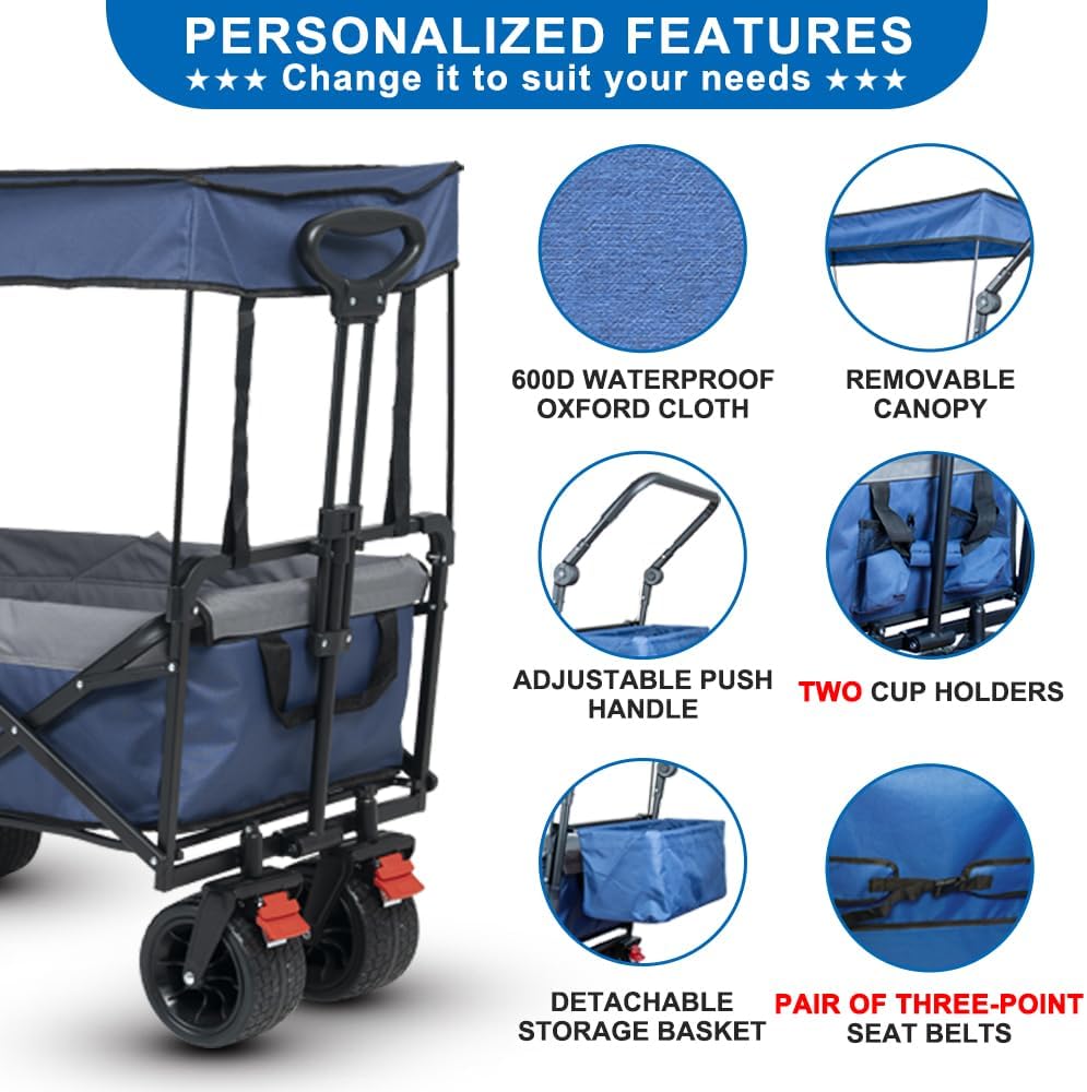 SKYMANOR Collapsible Wagon with Removable Canopy, 3-in-1 Heavy Duty Garden Cart with Big All-Terrain Wheels, Brakes, Adjustable Push Pull Handle, Cooler Bag, 300LBS Wagon Cart for Camping (Blue)