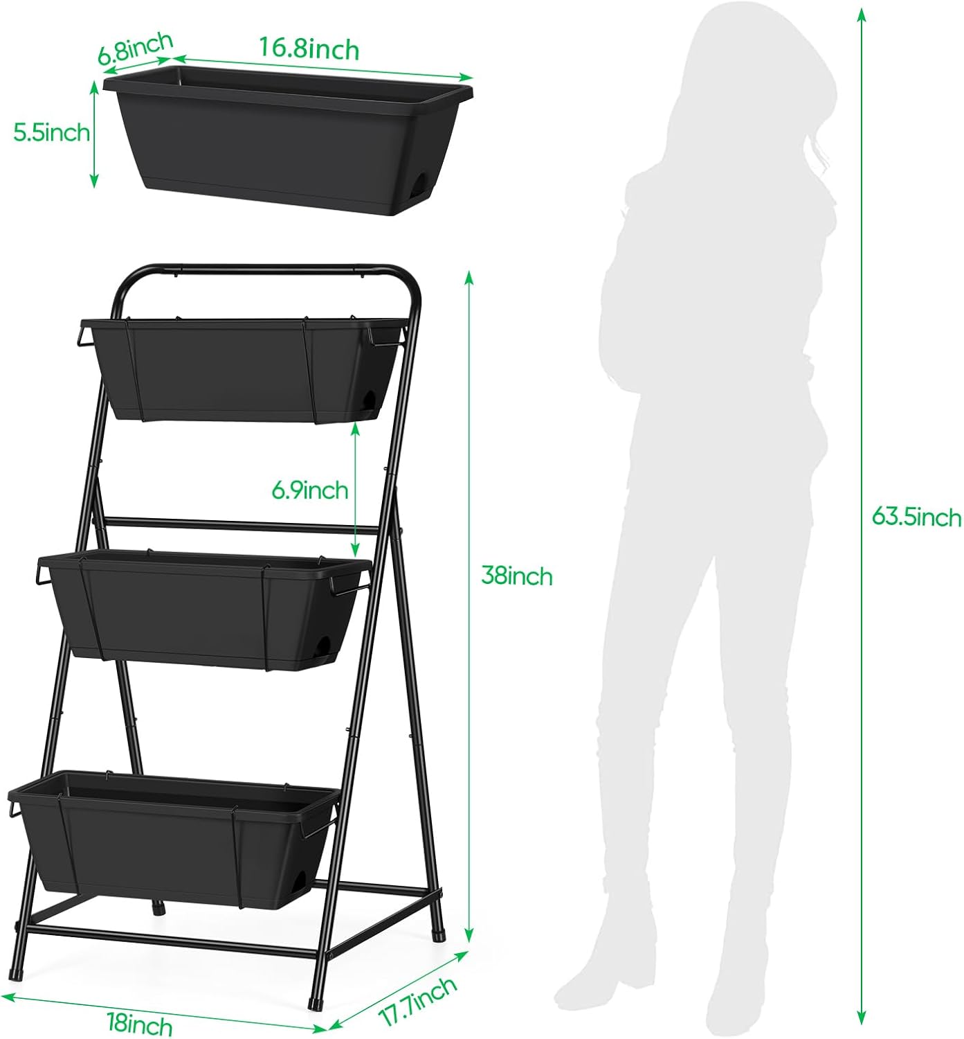Raised Garden Bed 3 Tier Vertical Garden Planter Elevated Planter Boxes Outdoor Herb Planter with Drainage Holes Removable Tray for Patio Balcony Porch Black