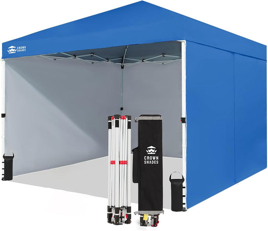 CROWN SHADES 10X10 Comercial Instant Canopy Pop Up Tent with Center Lock (10x10 with 4 Sidewalls, Blue)