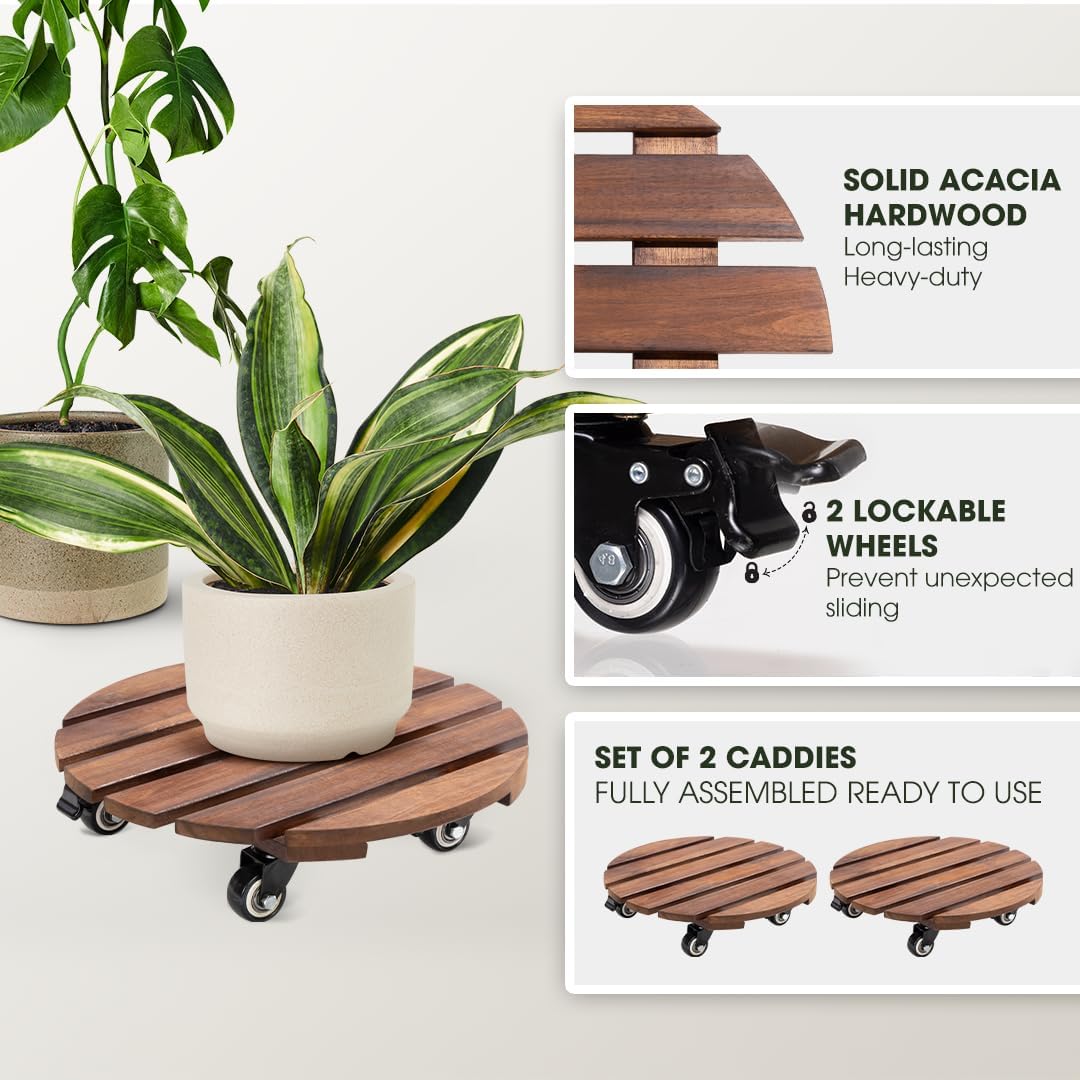 Idzo 2-Pack 14 Inch Acacia Wood Plant Caddy with Wheels – Heavy-Duty Plant Dolly with 264 Lbs Capacity, 360° Lockable Wheels for Large Plant Pots, Heavy Objects, Ideal for Indoor and Outdoor Use