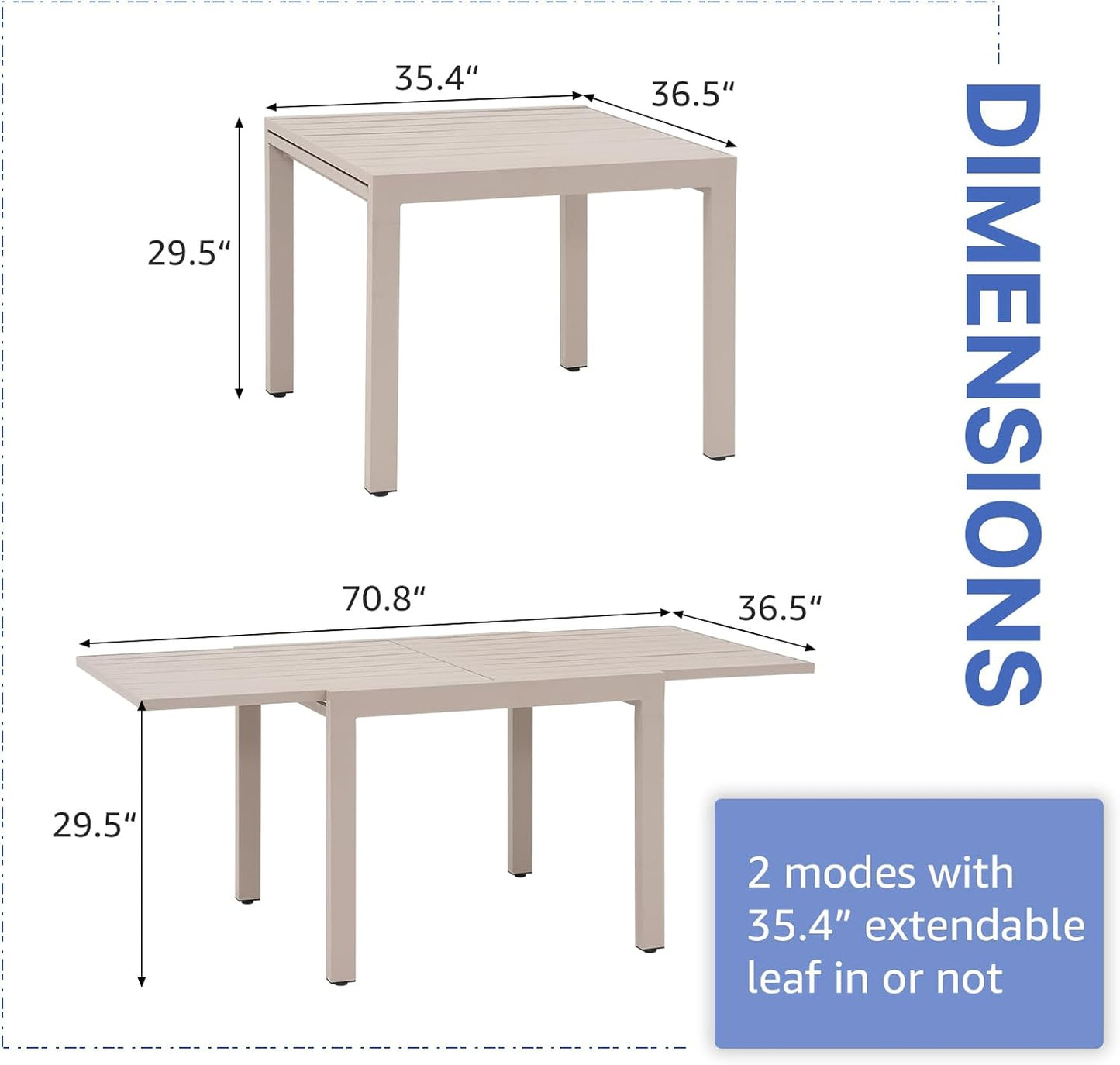 Soleil Jardin Aluminum Patio Extendable Dining Table, 35" - 71", Adjustable Indoor Outdoor Furniture Rectangle Table for 4-6 Person Porch Deck Garden, Flaxen