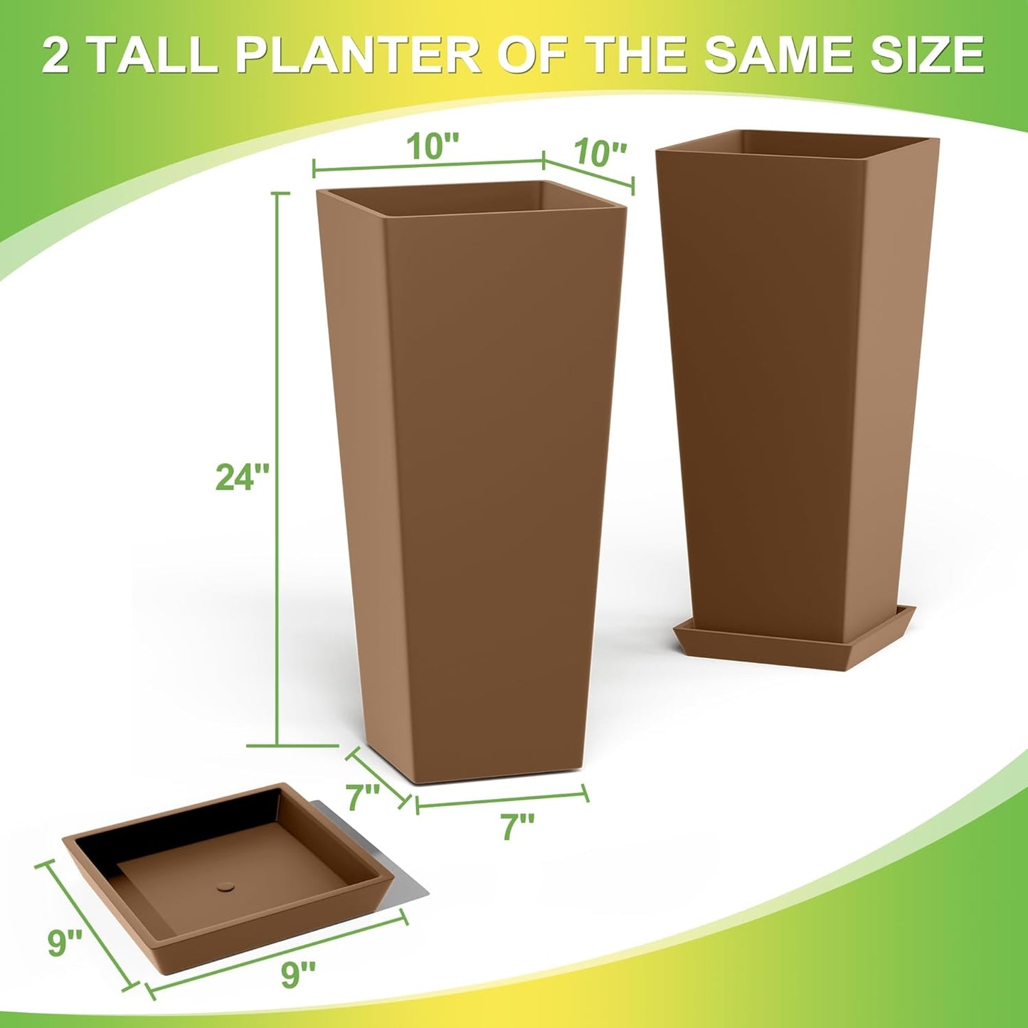 Set of 2 Tall Planters, 24" Large Indoor Outdoor Flower Pots with Tray, Modern Tapered Planters for Porch, Patio, Garden, Backyard
