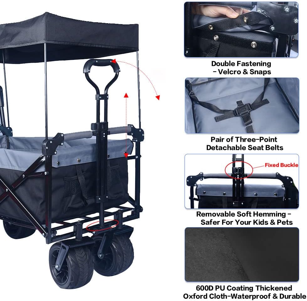 Collapsible Wagon Heavy Duty Folding Wagon Cart with Removable Canopy, 4" Wide Large All Terrain Wheels, Brake, Adjustable Handles,Cooler Bag Utility Carts for Outdoor Beach Cart Garden Wagons Carts