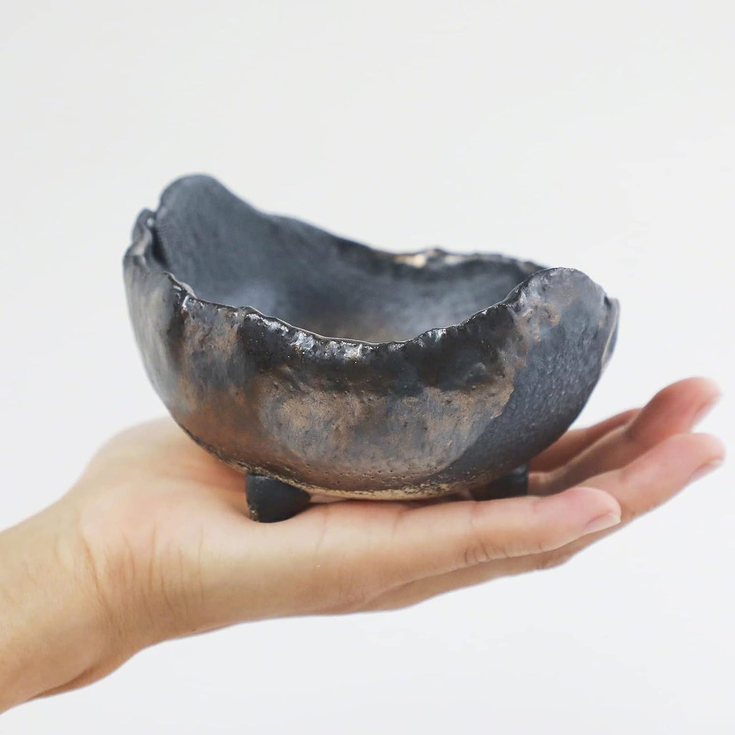 Wazakura Banko Series Japanese Handmade Rustic Crescent Shape Bonsai Pot 4.72 in (120 mm), Made in Japan Ceramic Garden Planter, Unglazed Houseplant Bowl - Black and Brown