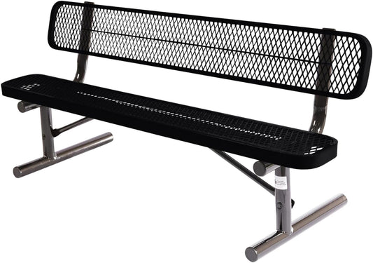Coated Outdoor Furniture Heavy-Duty Portable Outdoor Bench Thermoplastic Coated, Expanded Metal, Commercial-Grade Seating, Made in America (Portable with Back, 6 Ft, Black)