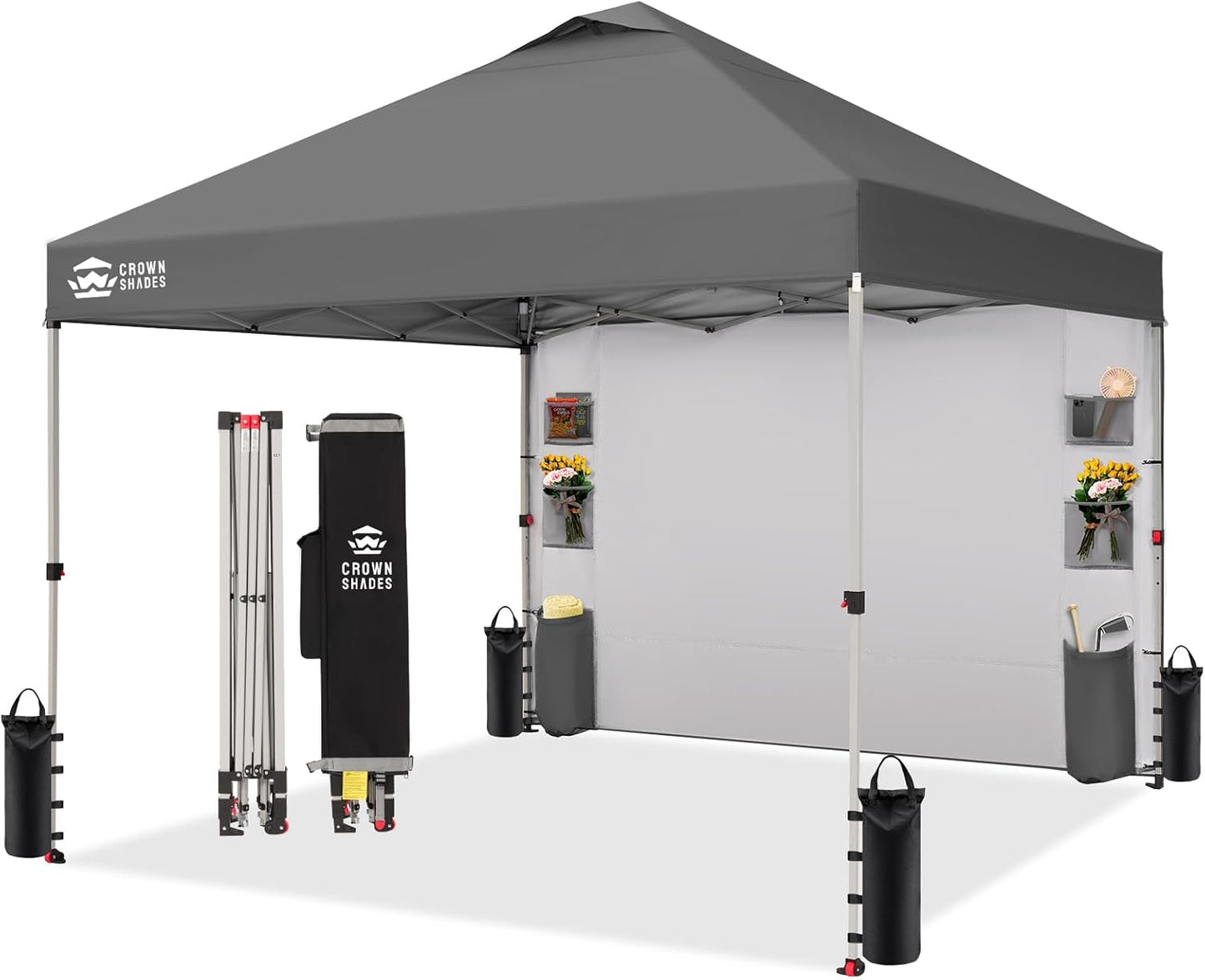 CROWN SHADES Canopy Tent 10x10 Pop Up Canopy Outdoor Shade with Pockets Sidewall, Easy Up Sun Shelter with One Person Set Up Center Lock, Portable Instant Camping Beach Canopy Tents, Grey