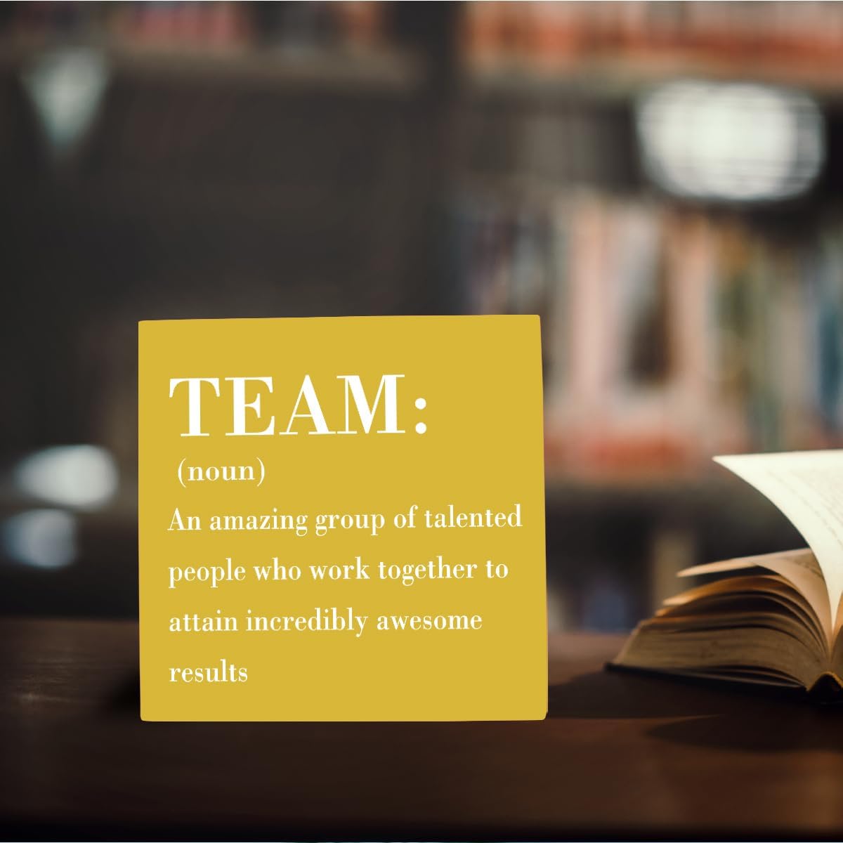 HTBIG Inspirational Team Noun Office Decor Desk Decor Wooden Box Sign, Rustic Black Wood Plaque Box Sign for Home Office Desk Shelf Table Decoration Coworker Gift Team Sign, Yellow