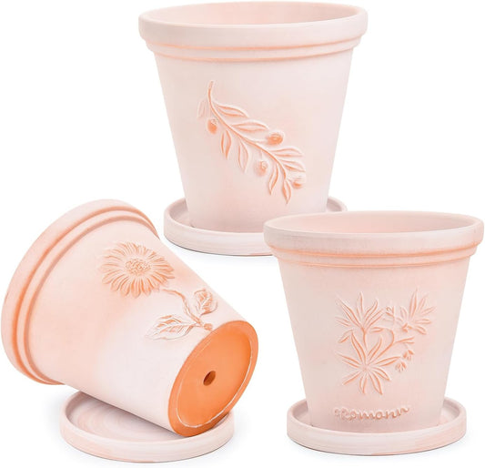 Sungmor Set of 3 Terra Cotta Pots with Saucer & Drainage Hole, 8 Inch Large & Deep Clay Pots, Unique Embossed & Pretty Color Pottery Planters for Plants Orchid Cactus Succulent