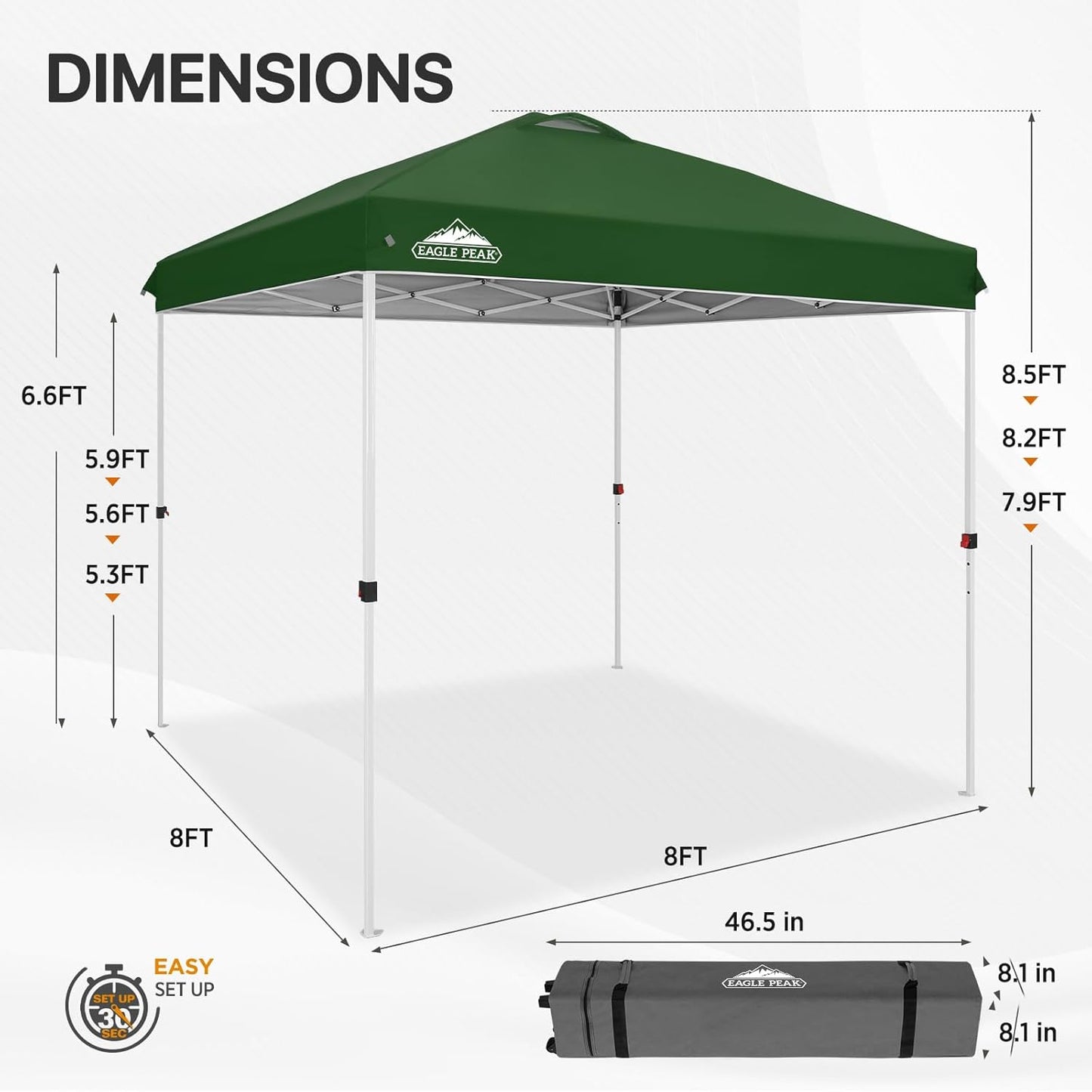 EAGLE PEAK Pop Up Canopy Tent with Wheeled Carry Bag, 8 Stakes, 4 Ropes, Easy Set Up Tent Canopy, 8x8 ft, Green