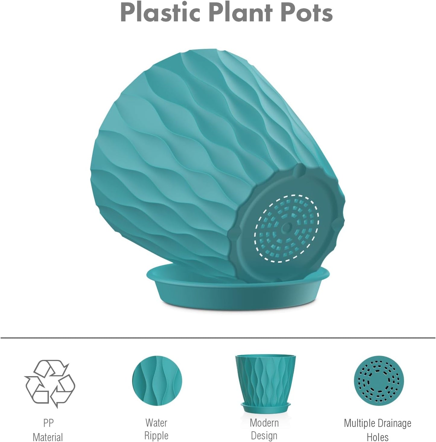 4 inch Small Plastic Nursery Pots, 5 Pack Water Ripples Flower Pots for Indoor Plants, Plant Pots with Drainage Holes and Saucers, Seedling Starter Planters for House Plants, Blue Green