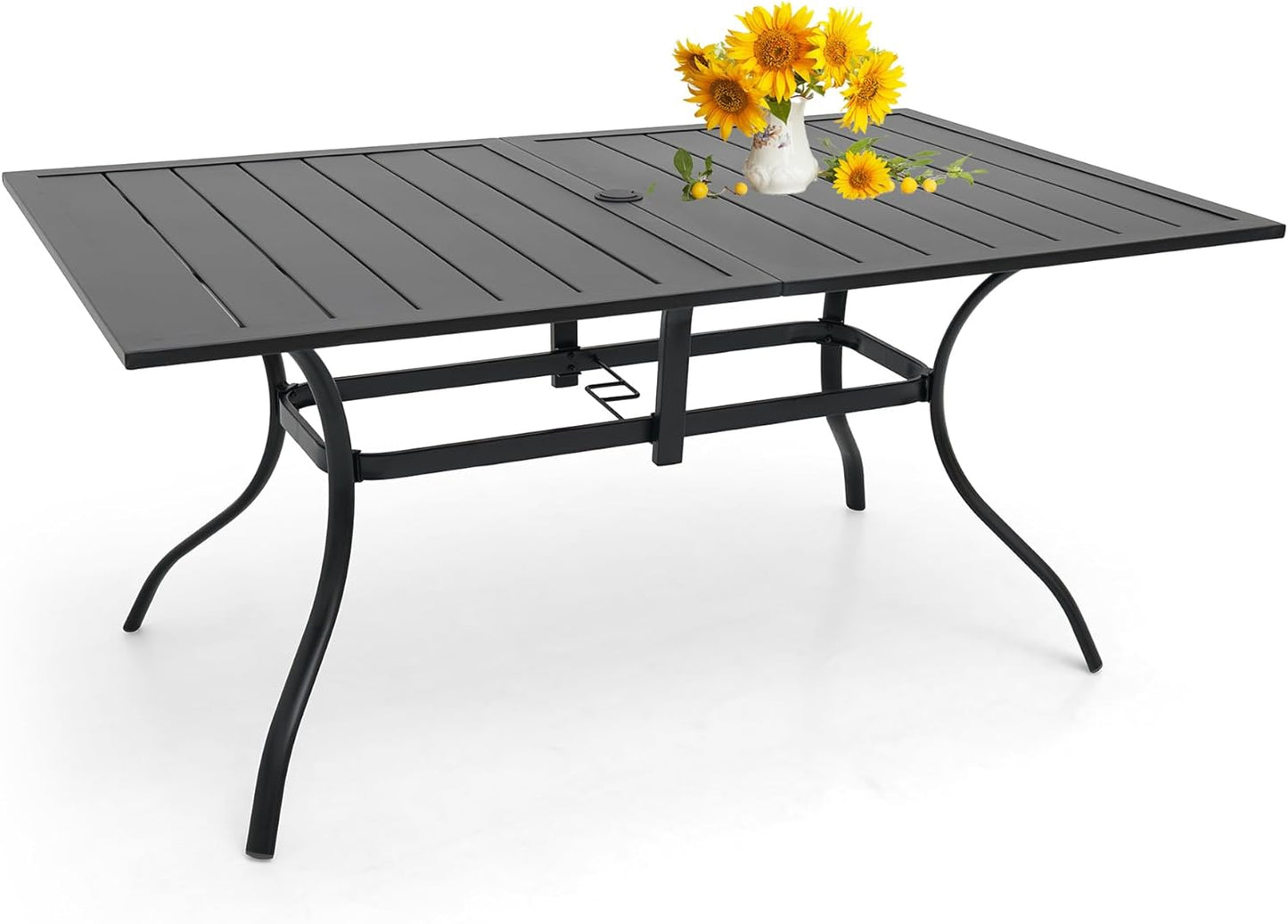 Outdoor Patio Table for 6 Person, Patio Dining Rectangle Table with 1.57" Umbrella Hole for Garden Lawn Backyard Parties, Black Metal Frame 63" L x 38" W x 28" H