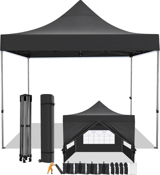 COBIZI 10x10 Pop Up Canopy with 4 Sidewall,Heavy Duty Canopy UPF 50+ All Season Wind Waterproof Commercial Outdoor Wedding Party Tents for Parties Canopy Gazebo with Roller Bag (10 x 10 ft Black)