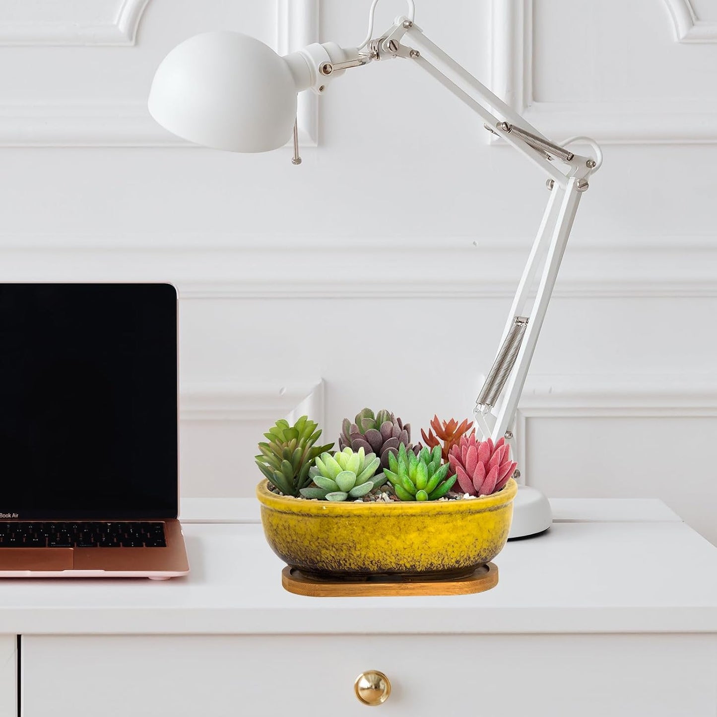 ARTKETTY Succulent Pots, 1 Rectangle Planter + 1 Ceramic Bonsai Pot with Drain Tray, 2 Pack Large Shallow Succulent Planters for Indoor Plants, Round Cactus Flower Plant Pot for Desk Windowsill Decor