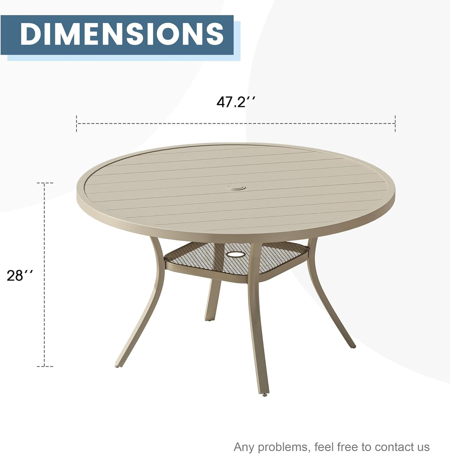 DIFY 48" Round Patio Dining Table for 6, Outdoor Metal Dining Table with 1.57" Umbrella Hole for Backyard Lawn Garden, Sandshell