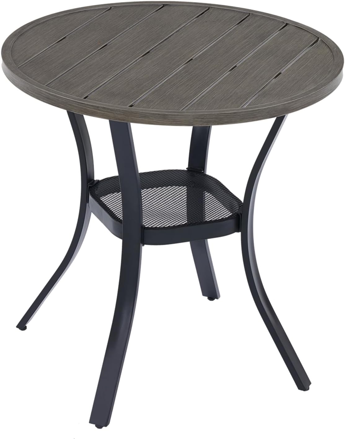 VICLLAX 27.5" Outdoor Round Patio Table for Lawn Garden, All Weather Metal Round Patio Dining Table with Storage Shelf, 2 Person Small Patio Table, Grey Wood-Like Tabletop