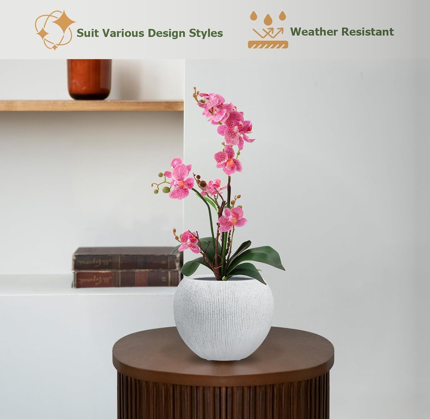 9.7" H x 12" D Globo Fiberstone Round Planter with Drainage Hole, Weather Resistant, Ribbed Finish, Planters for Indoor Plants & Outdoor, Extra Coco Mats (Speckled White, 7.8" Pot Opening)