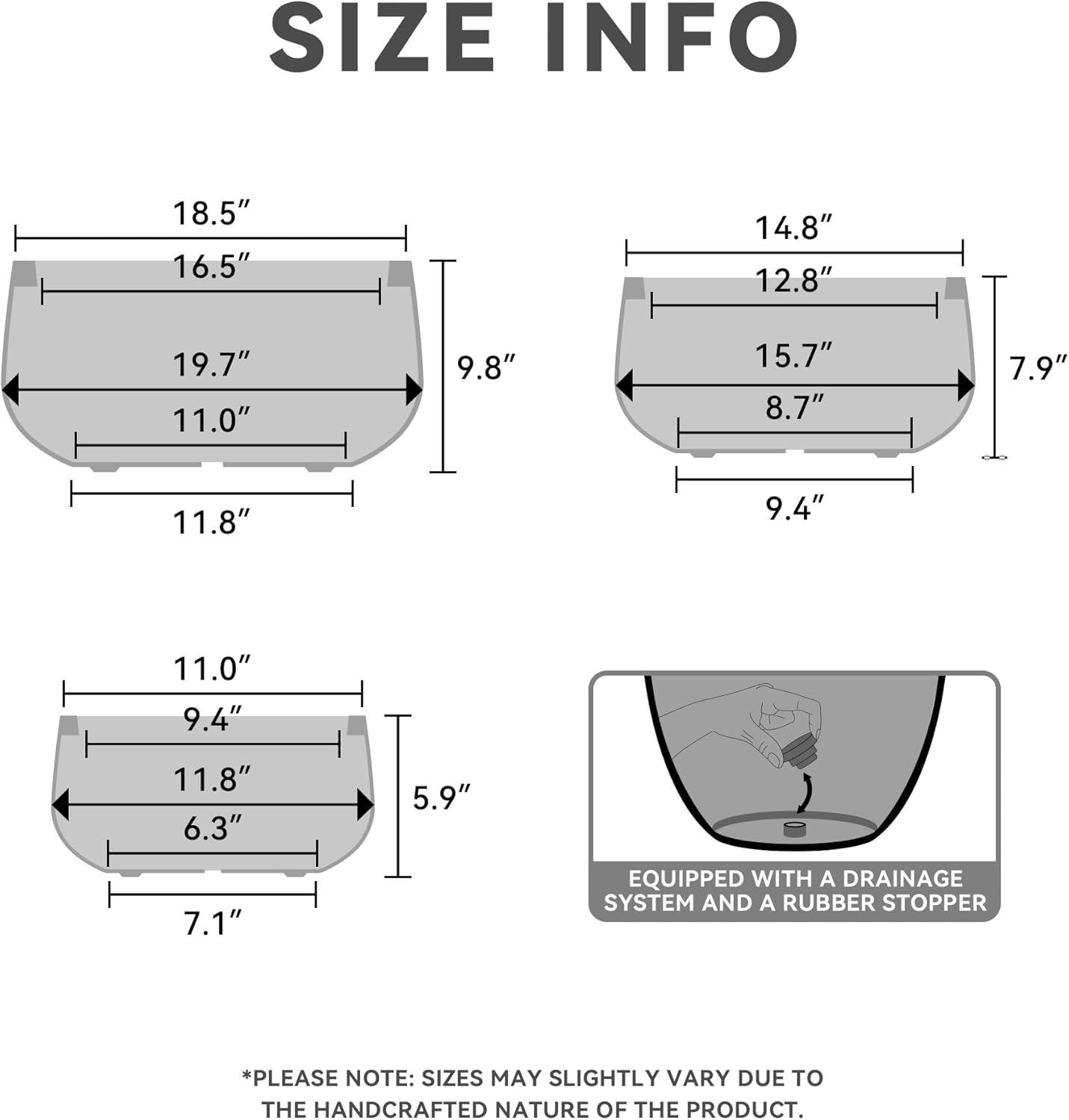 Kante 19.6",15.7",11.8" Dia Round Concrete Planters Set of 3, Cement Plant Pots with Drainage Hole and Rubber Plug for Outdoor Indoor Garden Home, Modern Curvaceous Design, Gray