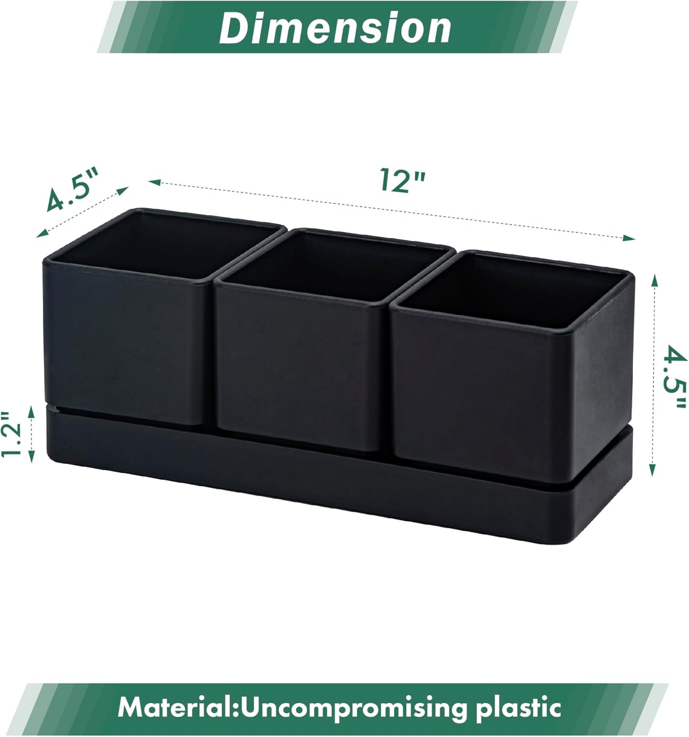 D'vine Dev Herb Garden Planter Set, Plastic Plant Pots with Drainage and Saucer, Indoor Succulent Cactus Vegetable Pot for Windowsill, Garden Balcony, Black, Set of 1, 76-V-B-1