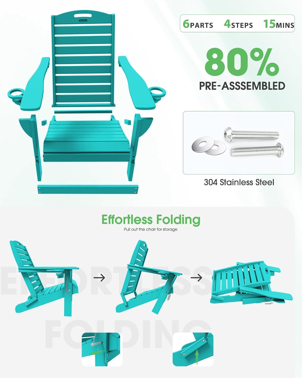 Adirondack Chairs Set of 4, Outdoor Fire Pit Chairs, HDPE All-Weather Adirondack Chairs with Cup Holder, Lawn Chair for Deck, Patio, Garden (Lakeblue)