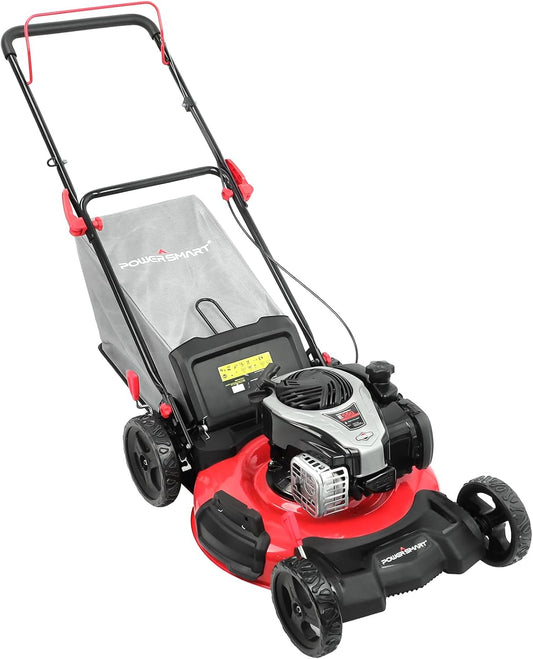 PowerSmart Gas Lawn Mower 21-inch with 140cc Briggs and Stratton E550 Engine, 3-in-1 Push Mower with Mulch, Bagger, Side-Discharge