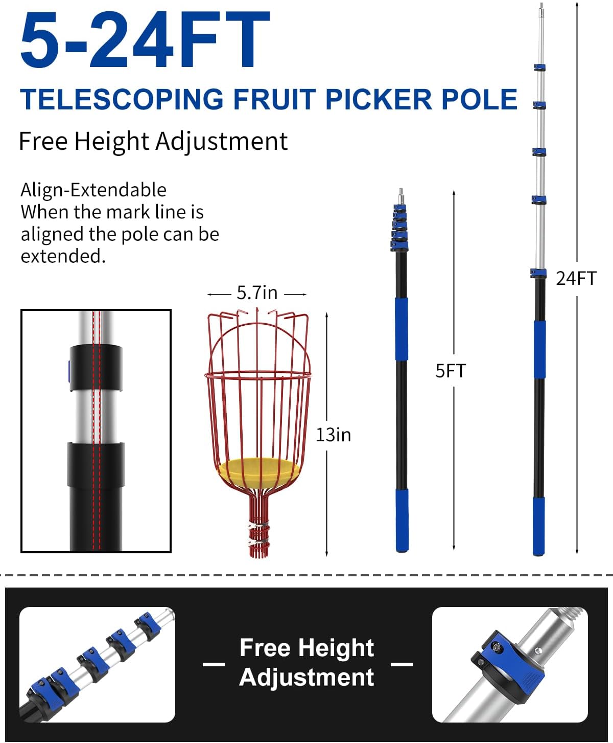 30FT Reach Fruit Picker, 5-24 Foot Sturdy Aluminum Telescoping Fruit Picker Extension Pole with Metal Twist-on Basket, Suit for Apple Pear Lemon Mango Guava Orange Avocados Tree Fruit Picking