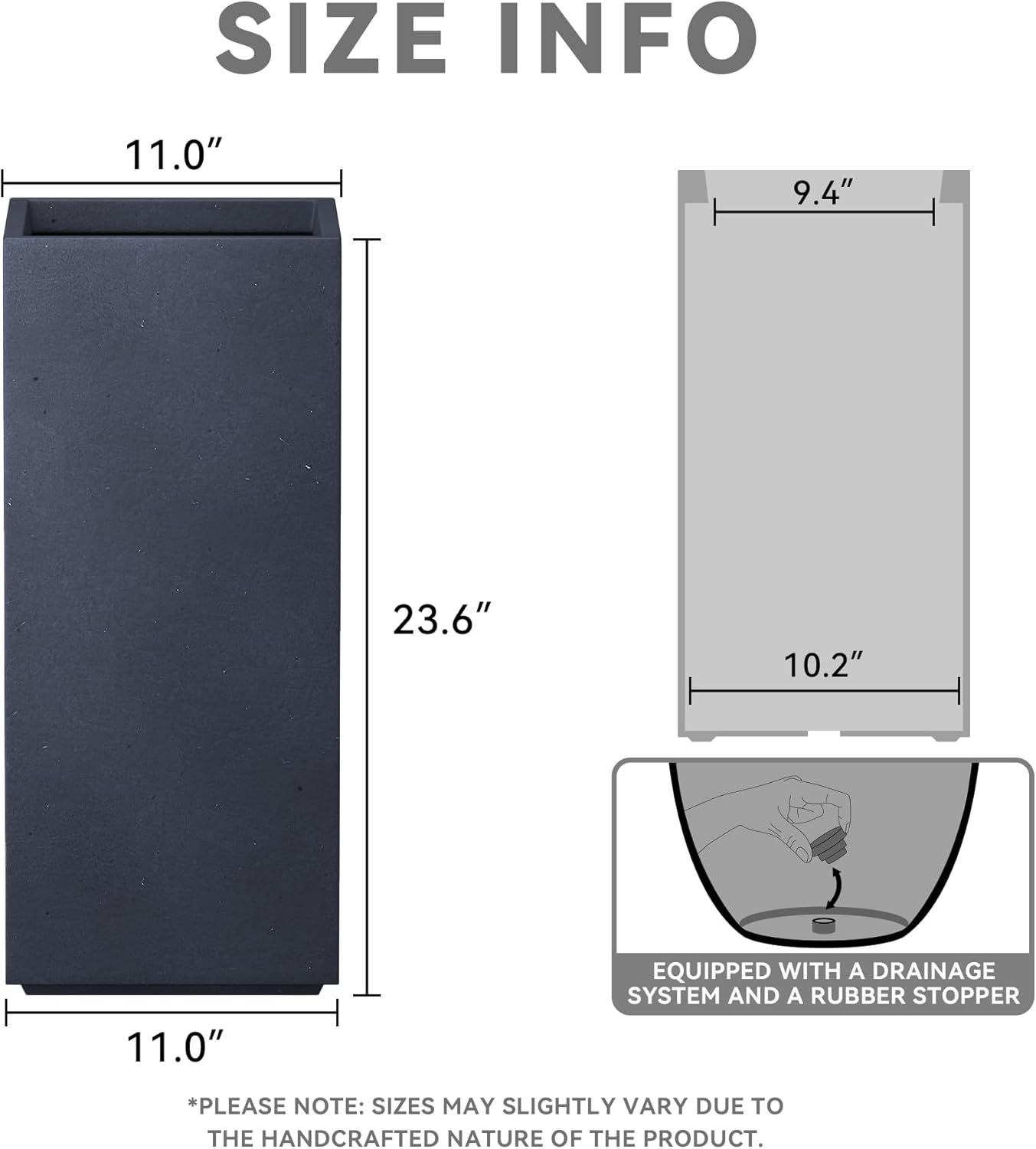 Kante 23.6" H Tall Rectangular Concrete Planter, Modern Square Diameter Plant Pot with Drainage Hole and Rubber Plug for Indoor Outdoor Home Patio Garden, Charcoal