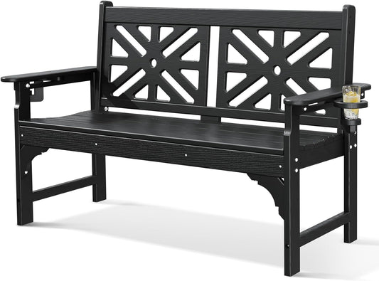 Oversized Outdoor Bench with Cup Holders, 51.5” HDPE Aesthetic Garden Bench for 2 Person, Memorial Benches - Easy Assembly & All Weather, for Porch & Patio, 800lbs Load Capacity (Black, 1pc)