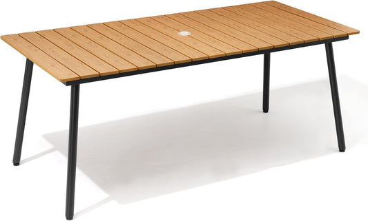 Outdoor Dining Table for 6, 70inch Patio Dining Table with Wooden-Like Top and Aluminum Frame, Rectangular Table with Umbrella Hole Outdoor Furniture, Brown