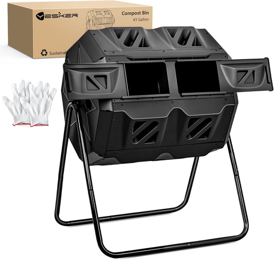 Yesker Dual Chamber Compost Bin Outdoor, 43 Gallon Rotating Tumbling Composter with Sliding Doors, Fast Assembly for Garden, Backyard & Kitchen Waste