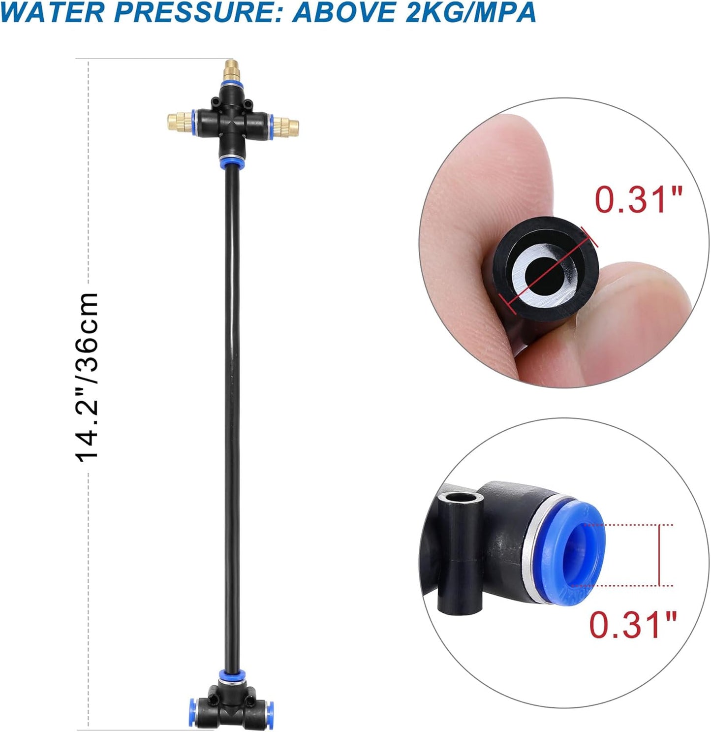 Mornajina 3Packs 3 Way Brass Misting Nozzles Tee with 13inch Built in Hose for Outdoor Cooling System, Adjustable 360° Rotation, Water Mister Nozzles Thread Sprayer 0.043" (1.1 mm)