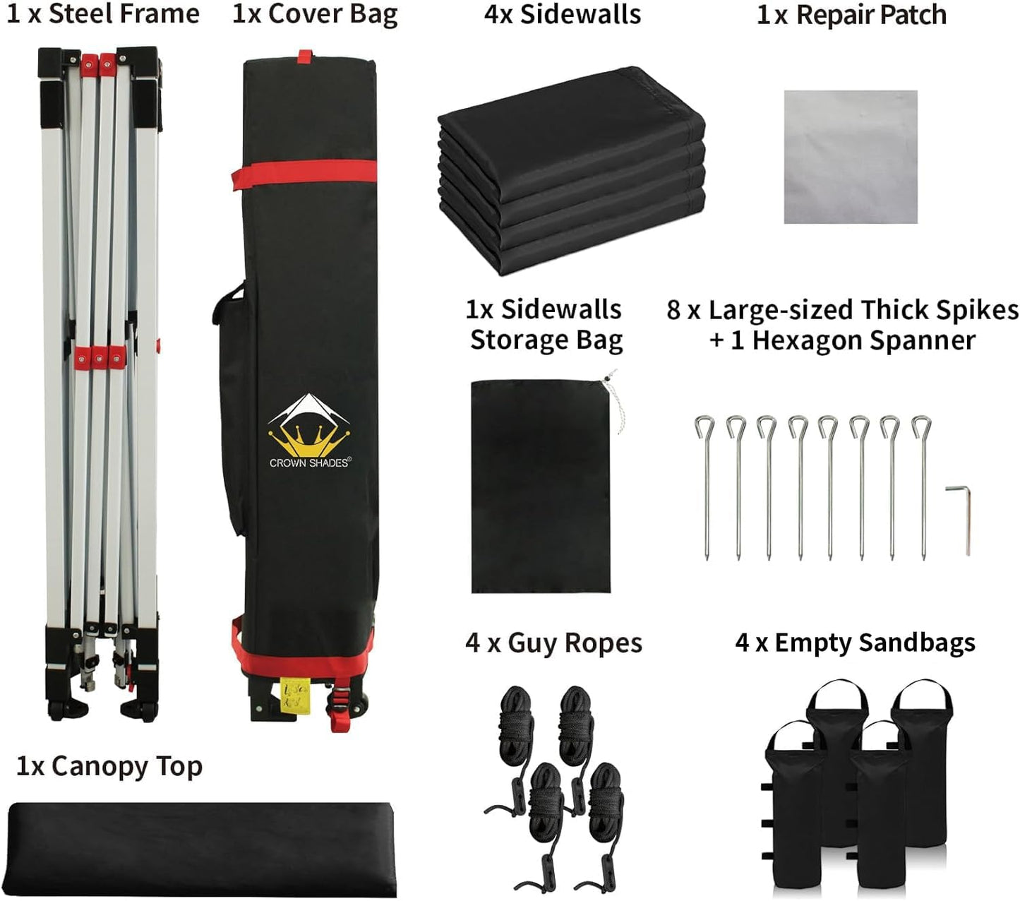 CROWN SHADES 10X10 Comercial Instant Canopy Pop Up Tent with Center Lock (10x10 with 4 Sidewalls, Black)