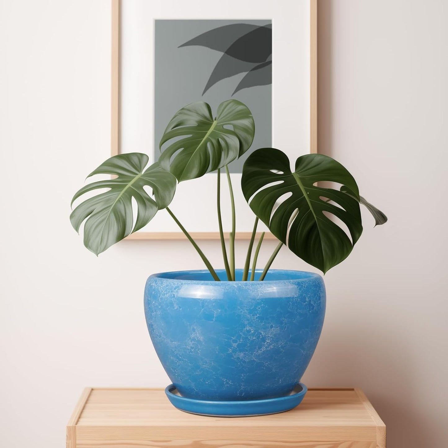 10 Inch Planter Pot - Ceramic Pots for Plants with Drainage Hole and Saucer, Round Large Flower Pot for Indoor Plants, Blue